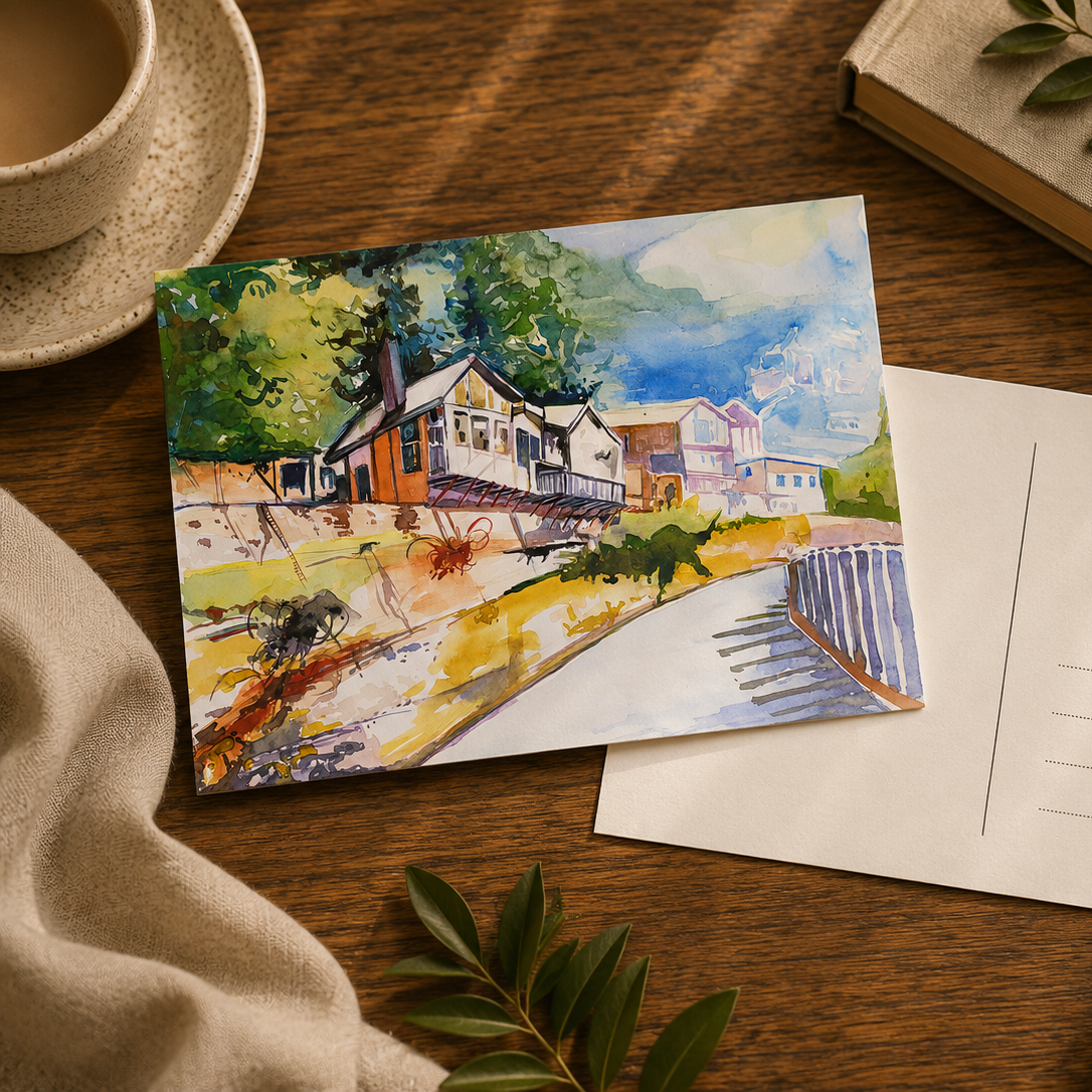 A watercolor postcard featuring a scenic house illustration on a wooden table, placed next to an empty white postcard envelope. The scene is styled with a cup of coffee, a book, and green leaves.