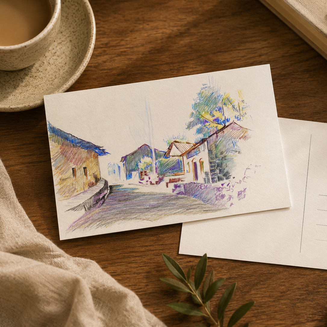 A watercolor postcard featuring a scenic village with houses and trees, displayed on a wooden table alongside an empty postcard, a cup of coffee, a book, and a linen cloth.
