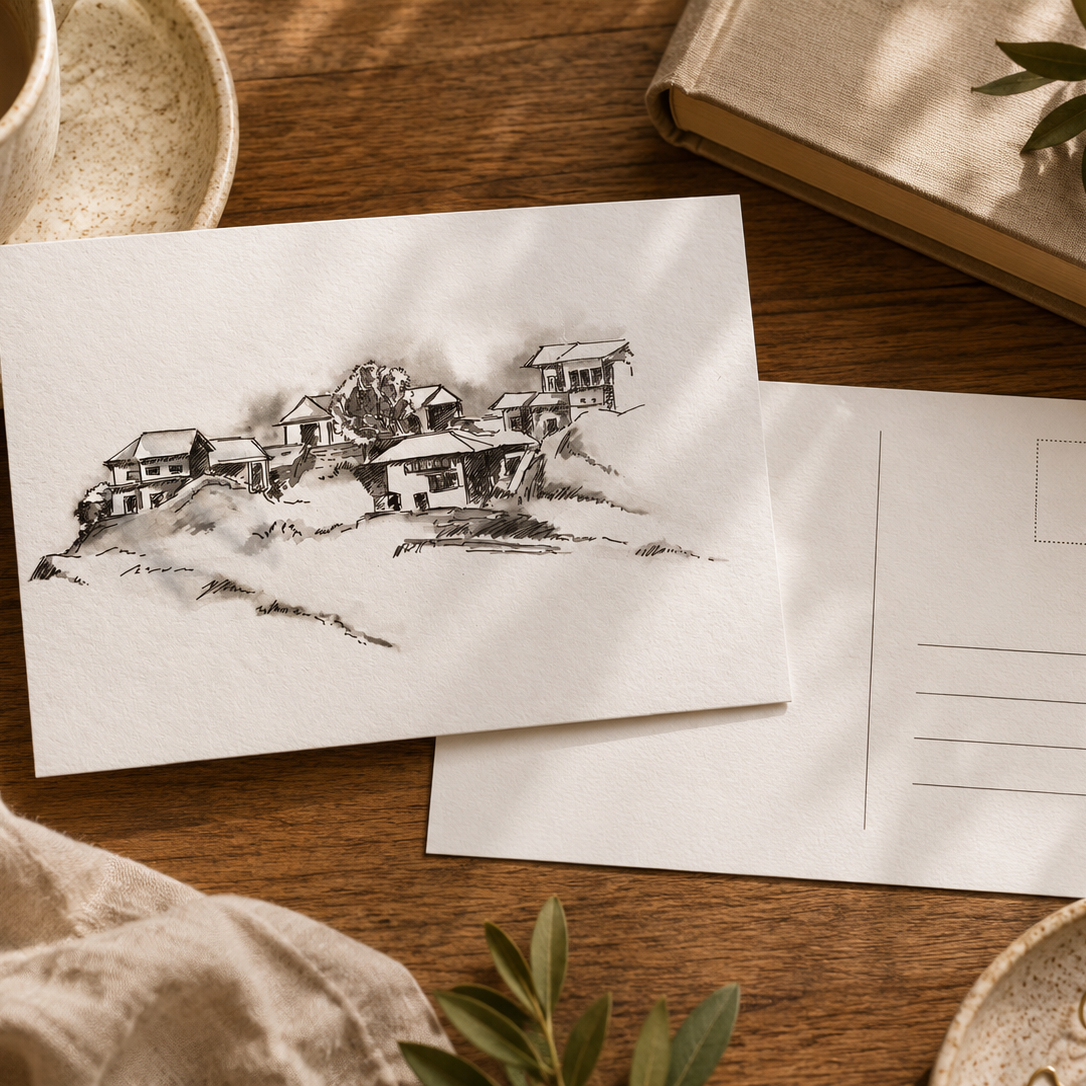 A black ink sketch of a hillside village on a white postcard, shown alongside the back of another postcard on a wooden tabletop with a cup, book, cloth, and greenery.