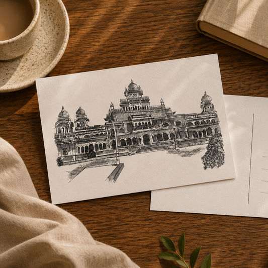 A black ink architectural sketch of a domed palace on a white postcard, shown alongside the back of another postcard on a wooden tabletop with a cup, book, cloth, and leaves around it.