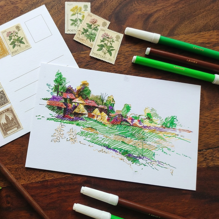 A styled flat-lay of art supplies on a wooden table, featuring a white card with a colorful watercolor landscape illustration, a stamp envelope with vintage-style stamps, colored pencils, a pen, and green plant leaves.