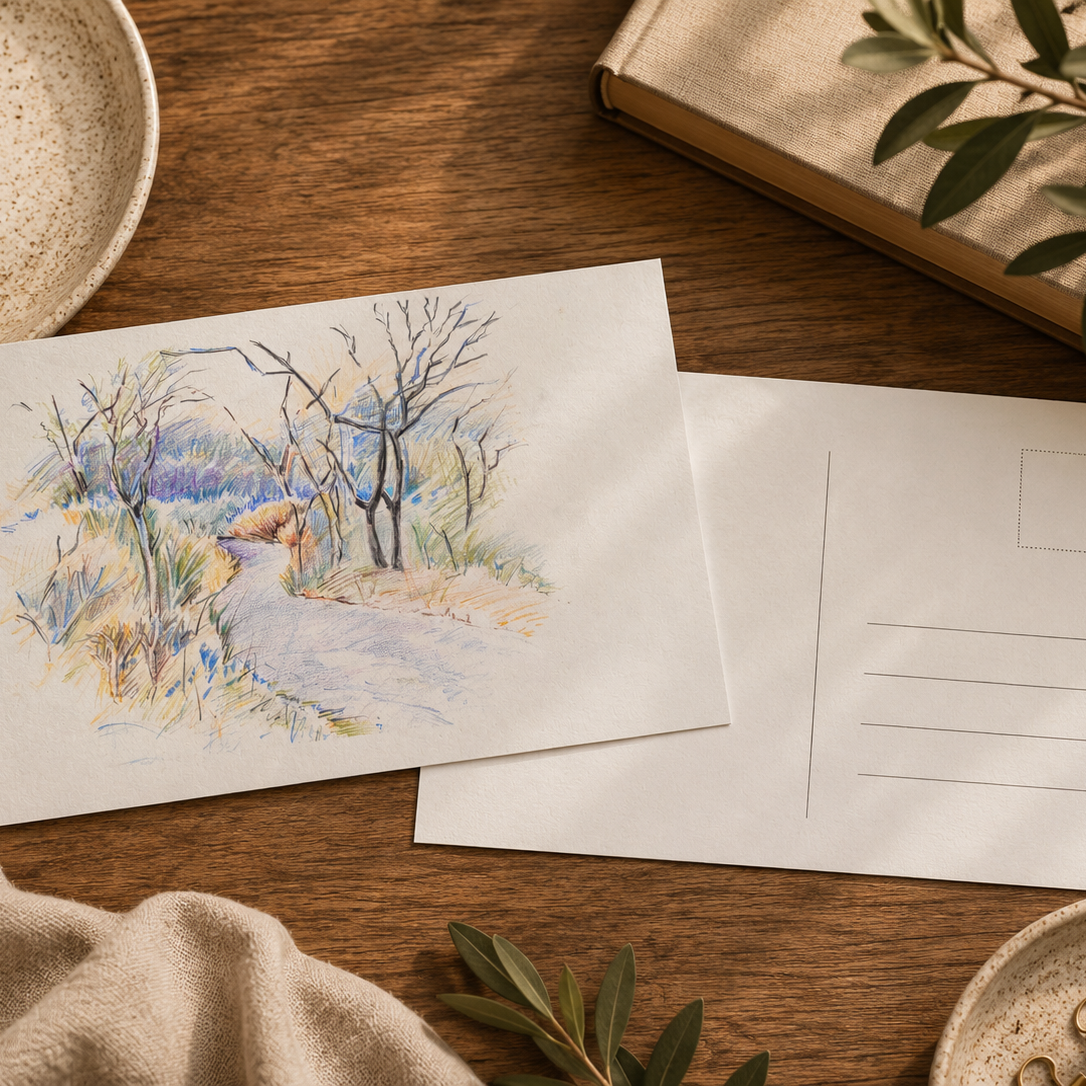 A watercolor postcard featuring a scenic landscape with trees and a path, displayed next to its blank back on a rustic wooden table with a cup, book, and greenery.