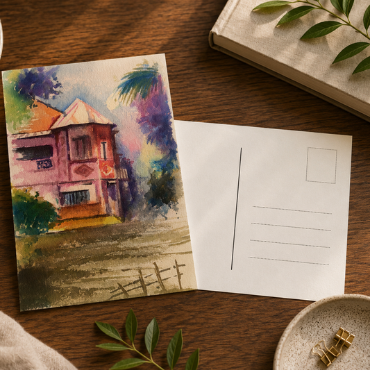 A watercolor postcard featuring a pink house and palm trees, displayed next to its blank white back on a wooden table with a cup, book, and leaves.