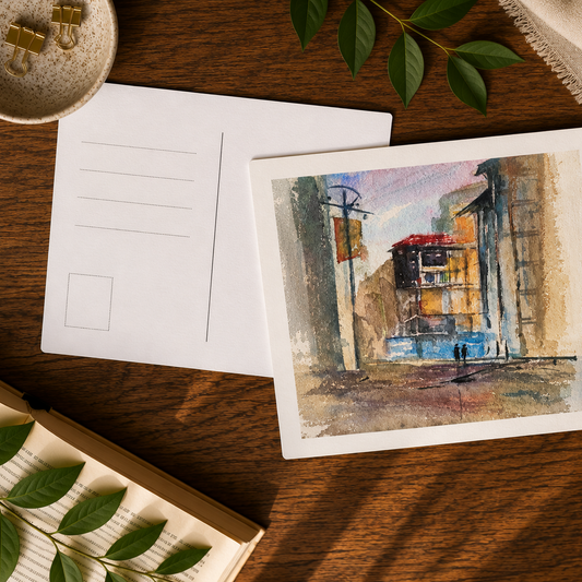 A watercolor postcard showing an abstract interior scene with a chair and warm-toned architectural details, displayed next to the back of another postcard on a wooden table with a cup, book, cloth, and green leaves.