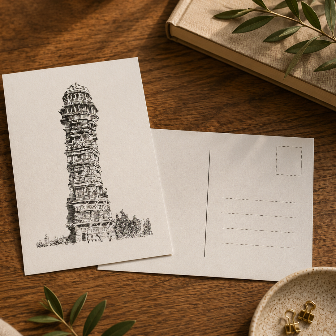 A postcard set on a wooden table, featuring one front card with a black ink sketch of a tower and one back card with writing lines and a stamp box, surrounded by a cup, book, cloth, and small dish.